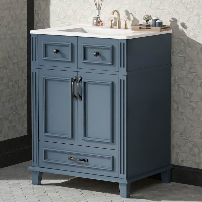 24 Inch Bathroom Vanity with Ceramic Sink, Solid Wood Frame, Soft Close Doors and Drawer, Retro Bathroom Cabinet