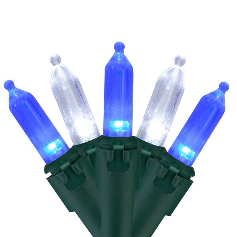 Set of 100 Blue & Pure White LED Mini Christmas Lights 4" Spacing - Green Wire
