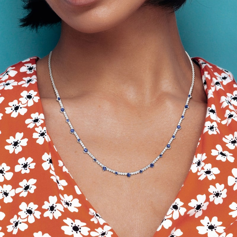 Miadora 2 7/8ct TGW Blue Sapphire and 1 3/5ct TDW Diamond Station Necklace in 14k White Gold