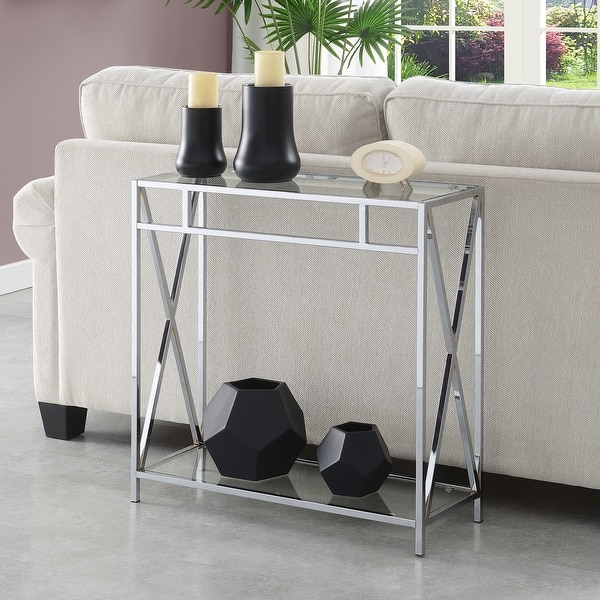 Convenience Concepts Oxford Chrome Glass Hall Table with Shelf Bed