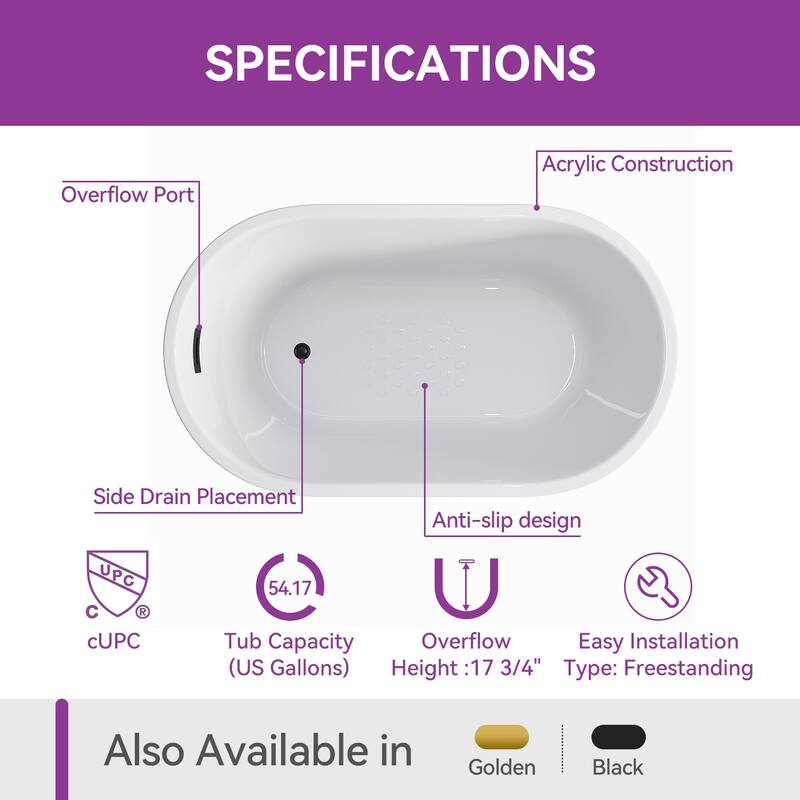 HOROW 47 x 26.8 Inch Soaking Bathtub with Side Drain White with Matte Black Trim