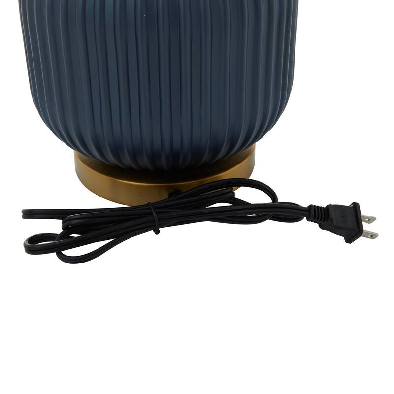 Blue Fabric Ribbed Table Lamp with Velvet Shade and Gold Accents