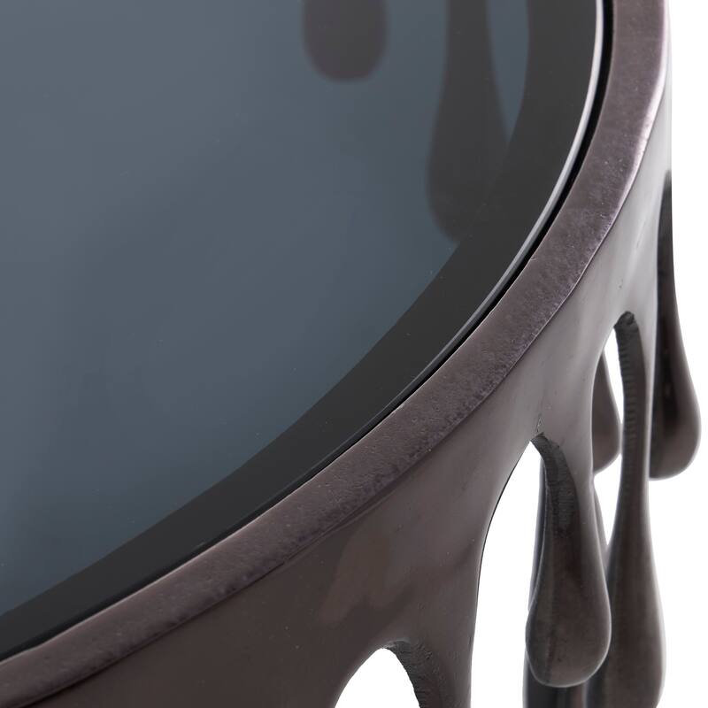 Aluminum Metal Abstract Drip Accent Table with Melting Design and Shaded Glass Top - Roche River Decor