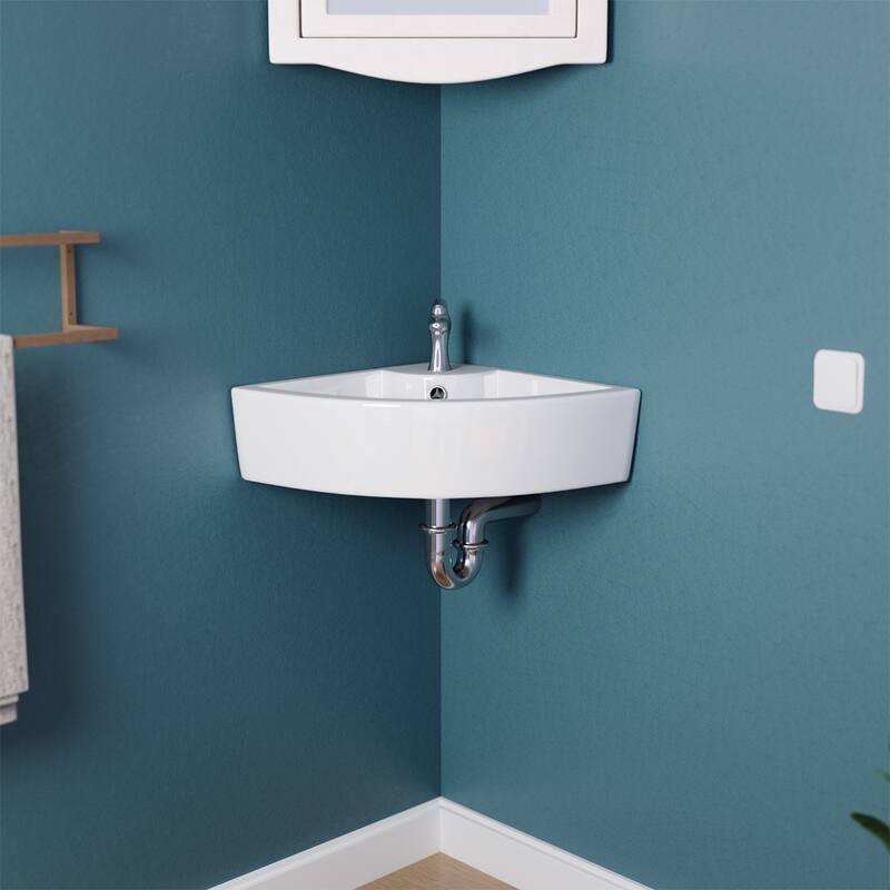 HUDSON White Ceramic Triangular Corner Bathroom Vessel Sink with Overflow and Single Faucet Hole