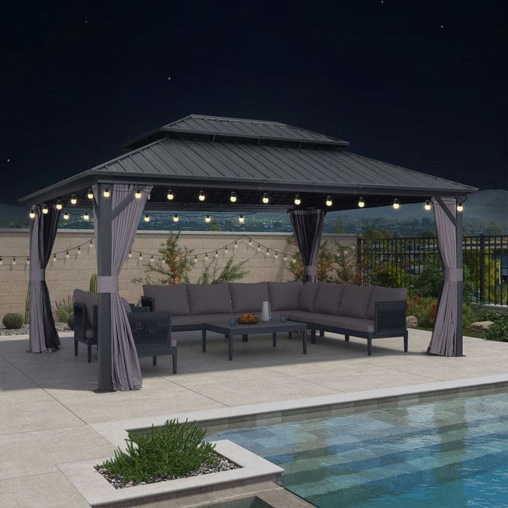 PURPLE LEAF Gazebo Outdoor Gazebo with Dual-Layer Galvanized Steel Double Roof Aluminum Gazebo with Netting and Curtains Grey - 12' x 16' - With light