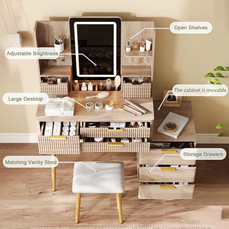 7-Drawer Vanity Desk with LED Mirror & Carved Details, Fluted Makeup Table with Metal Legs and PU Stool