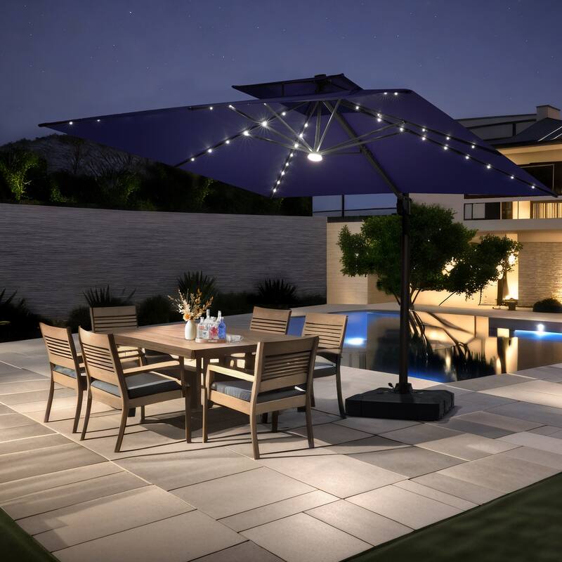 Pellebant 11X11 FT Outdoor Square Cantilever Patio Umbrella Solar LED Lighted with Wheel Base - NavyBlue