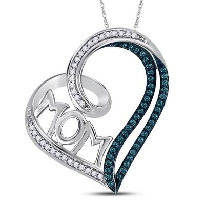 Sterling Silver 1/5 Carat Round Color Enhanced Blue Diamond Mom Heart Pendant