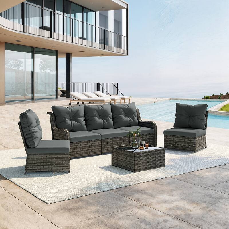 5-Person Outdoor Wicker Patio Conversation Sets with Table and Cushion