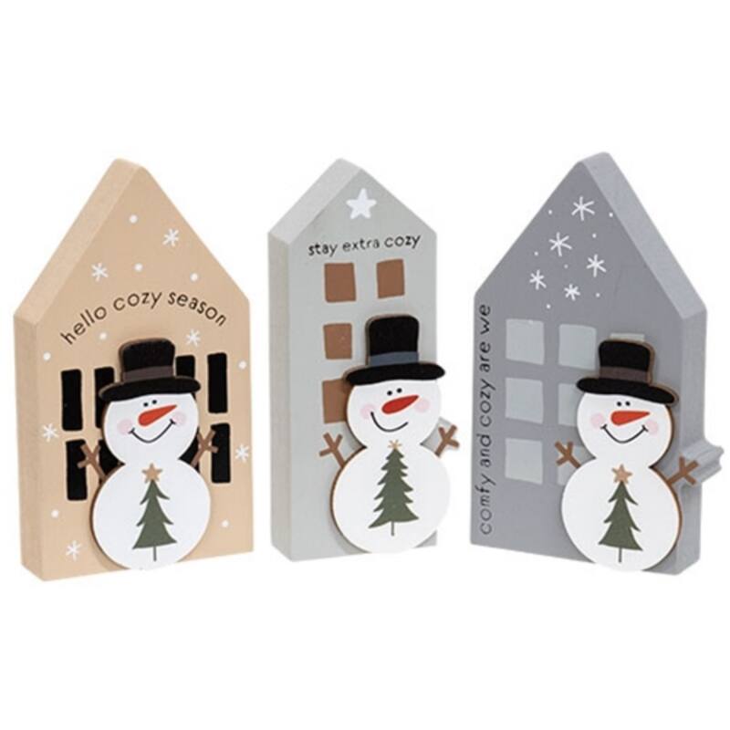 Chunky Wooden Snowman House Sitters for Winter Decor - 3 Asstd. - 4.5” x 2.5” x 0.75” - Beige-light-Grey-Dark-Grey