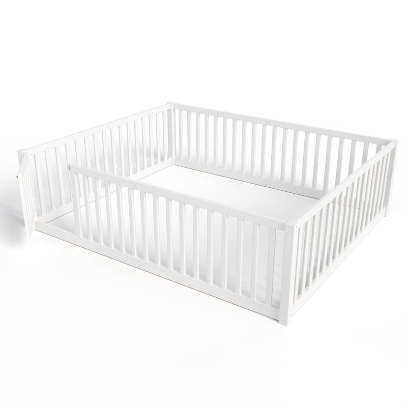 Montessori Floor Bed with Safety Guardrails & Door, Kids Low Profile Frame, Available in Queen/Full/Twin