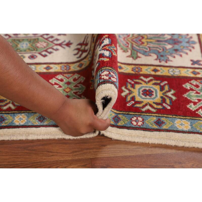 Geometric Ivory Kazak Oriental Area Rug Handmade Wool Carpet - 5'2" x 6'6"