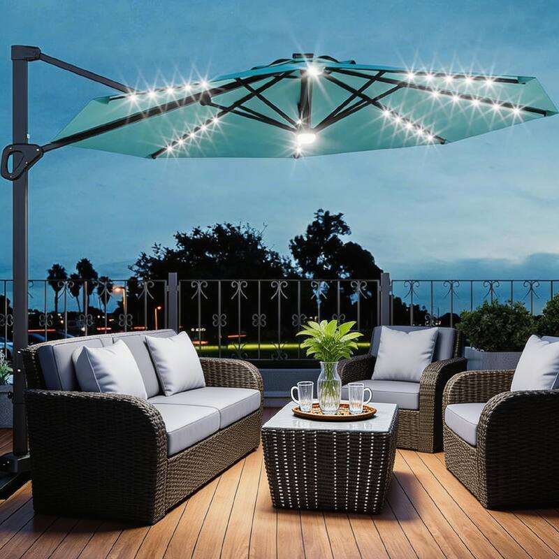 10FT Outdoor Cantilever Umbrella, 360-Degree Rotation, with LED - Turquoise Blue