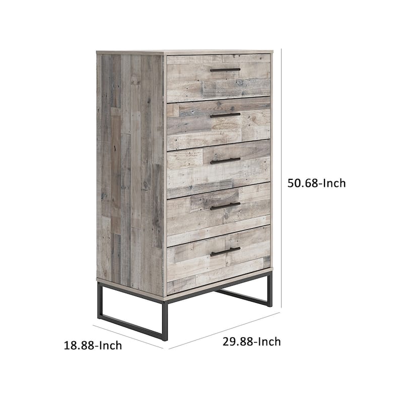 Vyne 51 Inch Tall Dresser Chest, 5 Drawers, White Woodblock, Black Metal