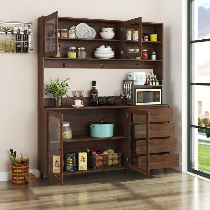 Modern Large Kitchen Hutch Cabinet with 4 Doors, 4 Drawers and Microwave Shelf