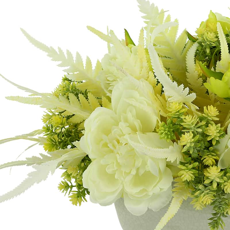 Peony, Fern and Sedum Arrangement in a Ceramic Pot