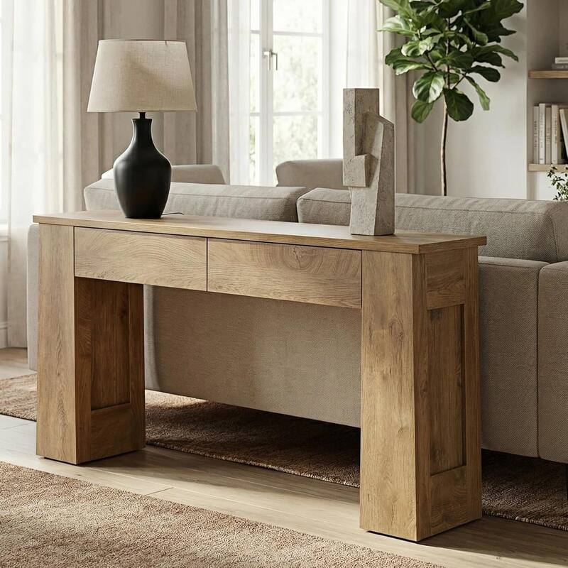 63-Inch Console Table with 2 Drawers, Modern Long Entryway Sofa Table for Hallway - 63" L x 11.8" W x 31.5" H - Light Brown