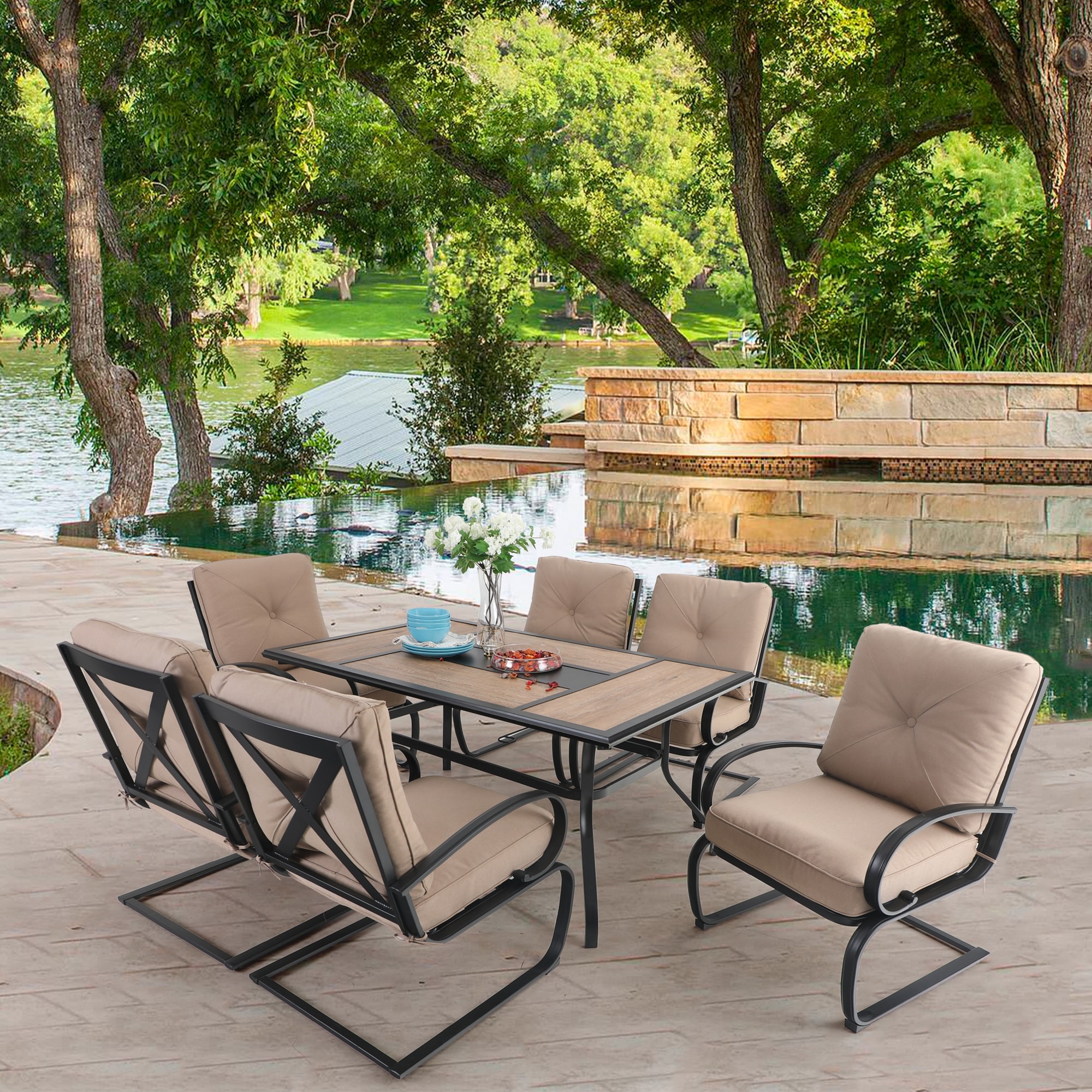 MAISON ARTS 7-Piece Patio Dining Set 6 Piece Cushioned Spring Motion Dining Chair with Armrest & 1 Patio Dining Table
