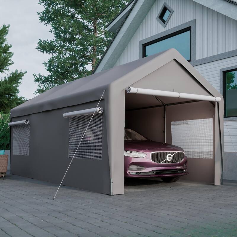 Grey Galvanized Steel 180g PE Waterproof Carport Garage with Windows