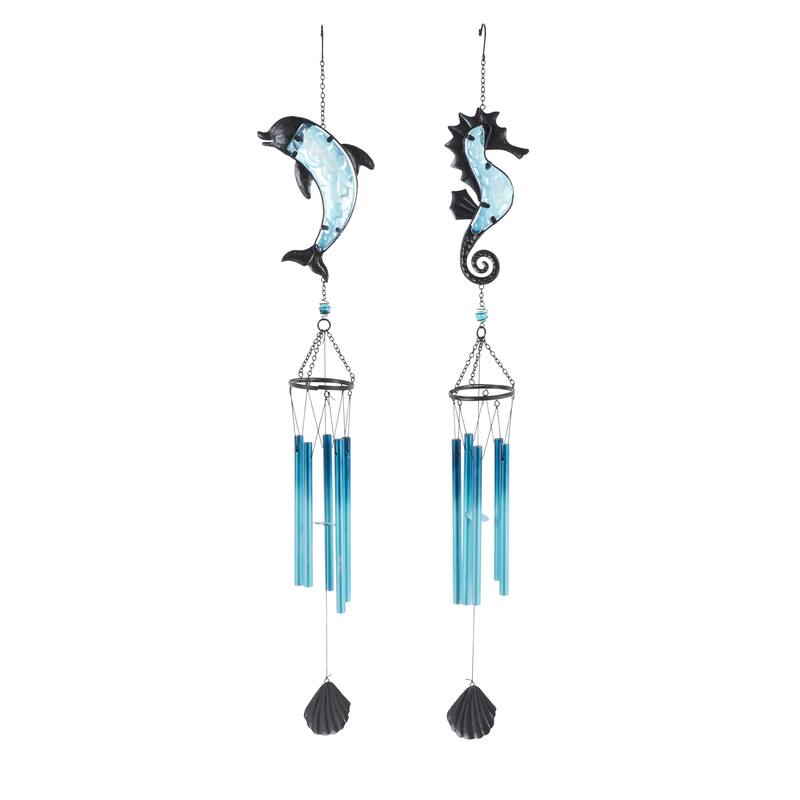 Blue Metal Animals Sea Life Windchime with Dangling Seashells (Set of 2)