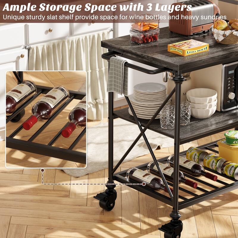 Rolling Kitchen Island Cart with Thick Wooden Top and Storage Shelves - N/A