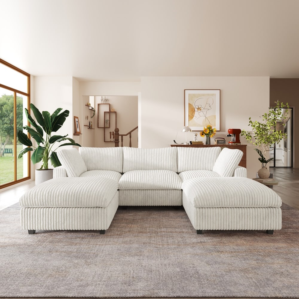 118'' U-shape Plush Fabric Upholstered Sectional Sofa 3 Seats with 2 Ottoman Modular Couch