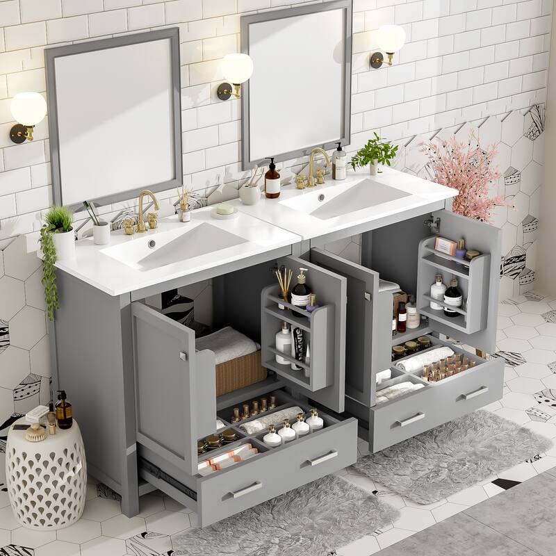 60" Bathroom Vanity Set with Double Vanities (Separate), Double Ceramic Sinks, Storage Shelf, and Divided Drawers