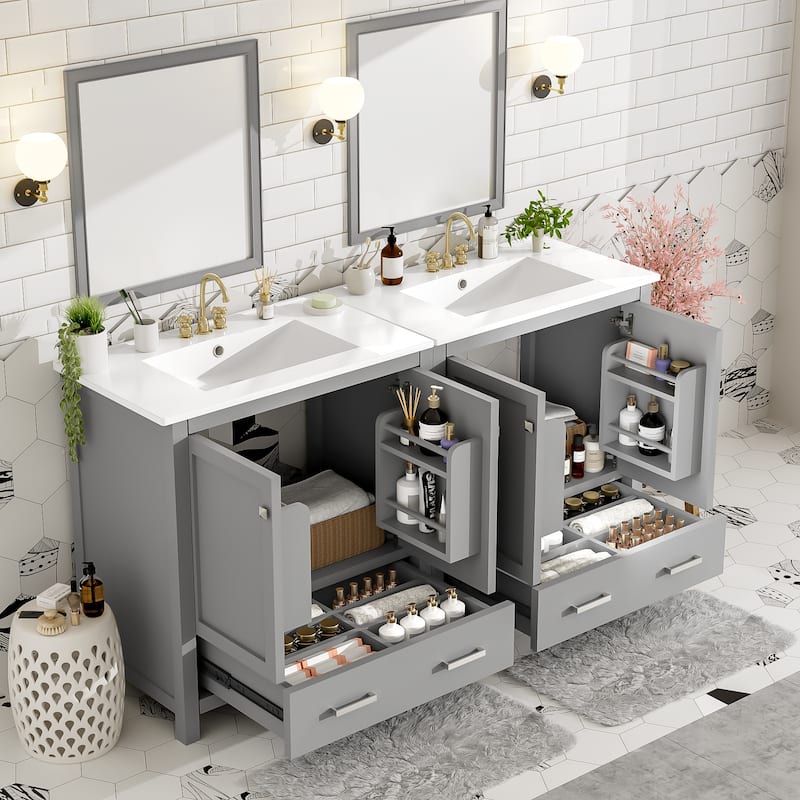 GDFStudio - Aurora Wood & Ceramic Bathroom Vanity Set with Sink and Divided Drawers - 60" - Grey