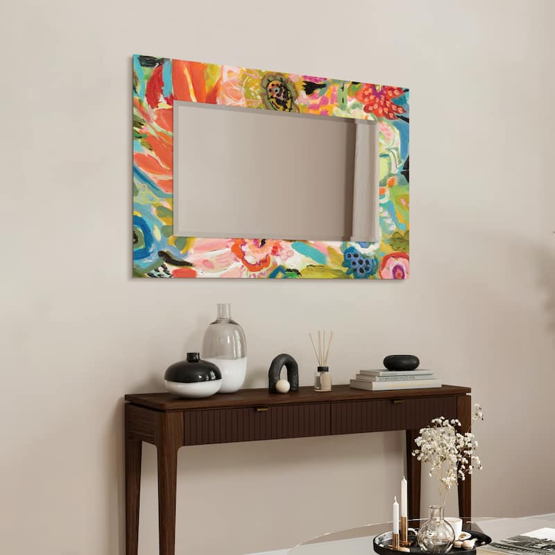 "Secret Garden Floral III" Rectangular Beveled Mirror on Free Floating Reverse Printed Tempered Art Glass - 48" x 32"