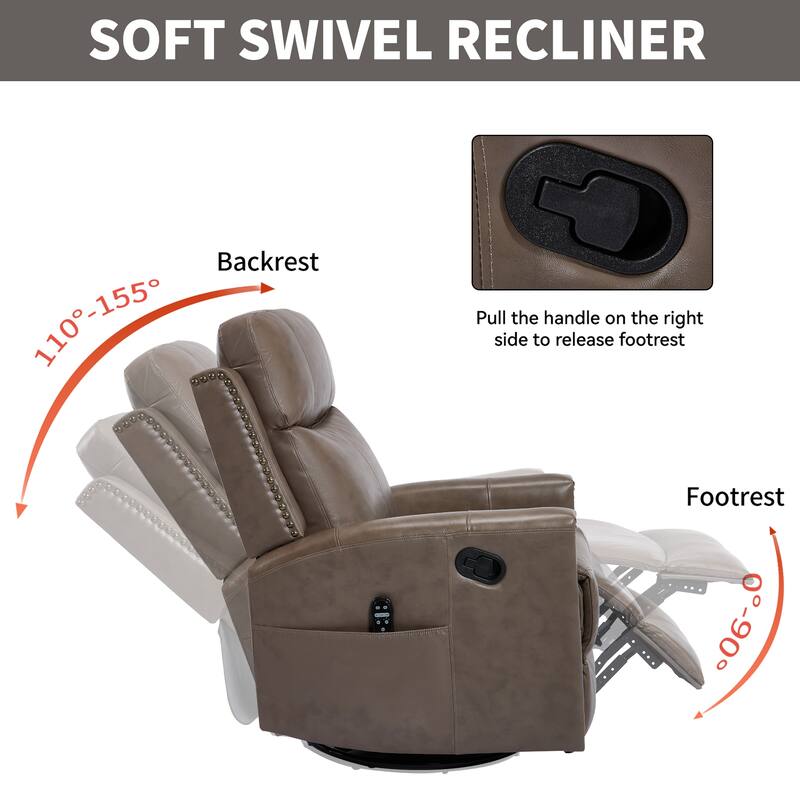 Roomfitters Genuine Leather Swivel Rocker Recliner, Manual Massage Glider with Heat and Top Grain Cowhide, Living Room