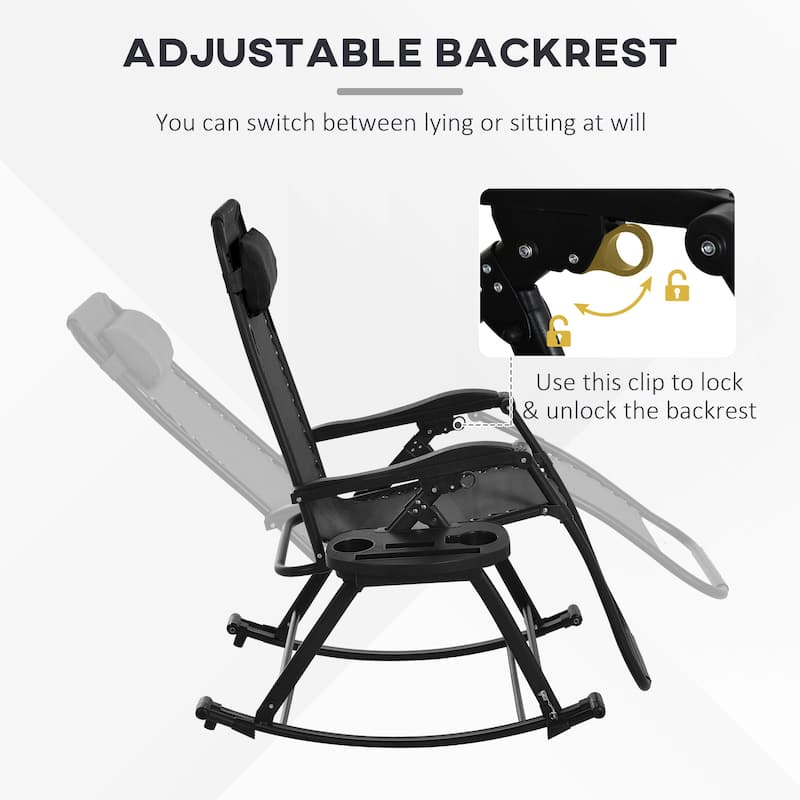 2 Pieces Outdoor Rocking Chairs, Foldable Reclining Zero Gravity Lounge Rocker with Pillow, Cup and Phone Holder