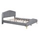 preview thumbnail 4 of 10, Queen Size Velvet Platform Bed w/ Thick Fabric, Stylish Stripe Decorated Bedboard & Elegant Metal Bed Leg Upholstered Bed, Gray