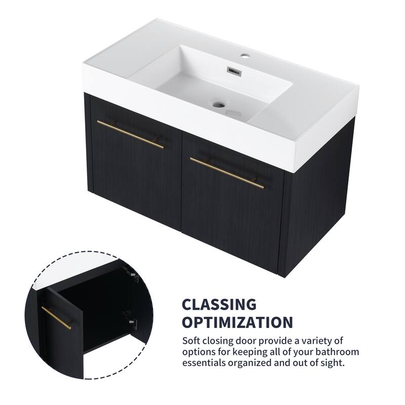 30" Floating Bathroom Vanity with Resin Sink, Soft-Closing Hinges, Ample Storage, and Black Chestnut Finish