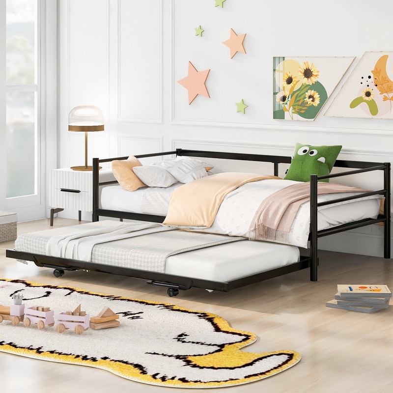 Twin Size Daybed with Adjustable Pop Up Trundle Heavy Duty Metal
