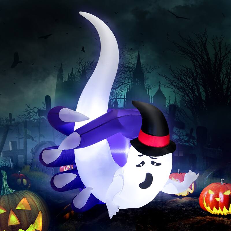Gymax 6 FT Inflatable Horror White Ghost Halloween Decor w/ Built-in - Multi - Lantern