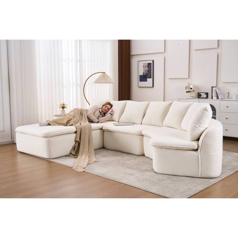 U-Shaped Modular Sectional Sofa with Ottoman, Woodgrain Chenille Deep Seat Boneless Couch, Compression Sofa with Pillows