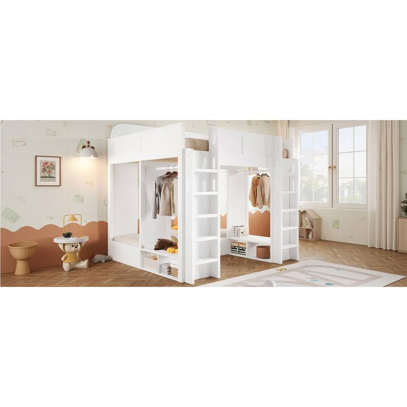 Roomfitters Triple Bunk Bed with Twin, Twin and Twin XL Beds, Storage Shelves and Hooks