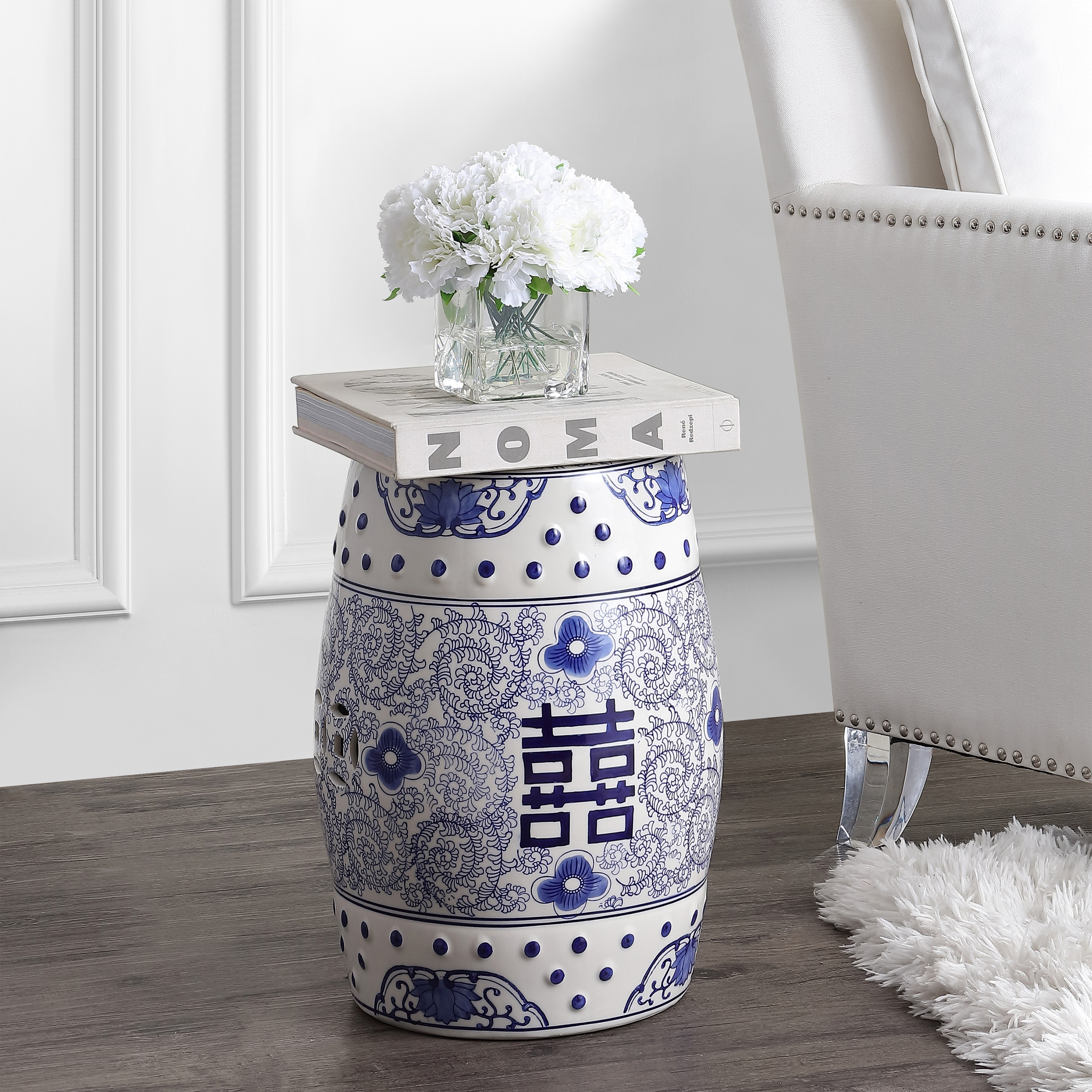 Double Happiness Traditional Ceramic Garden Stool, Indoor/Outdoor Chinoiserie Double Happiness Patio Drum Accent Side Table