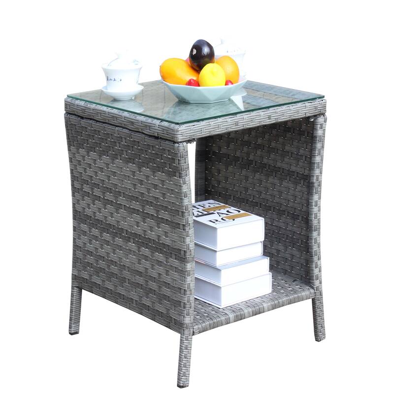 Anmytek Gray Rattan Side Table with Tempered Glass Top Indoor Outdoor Wicker Patio Table Double Tier Storage - 19.25*19.25