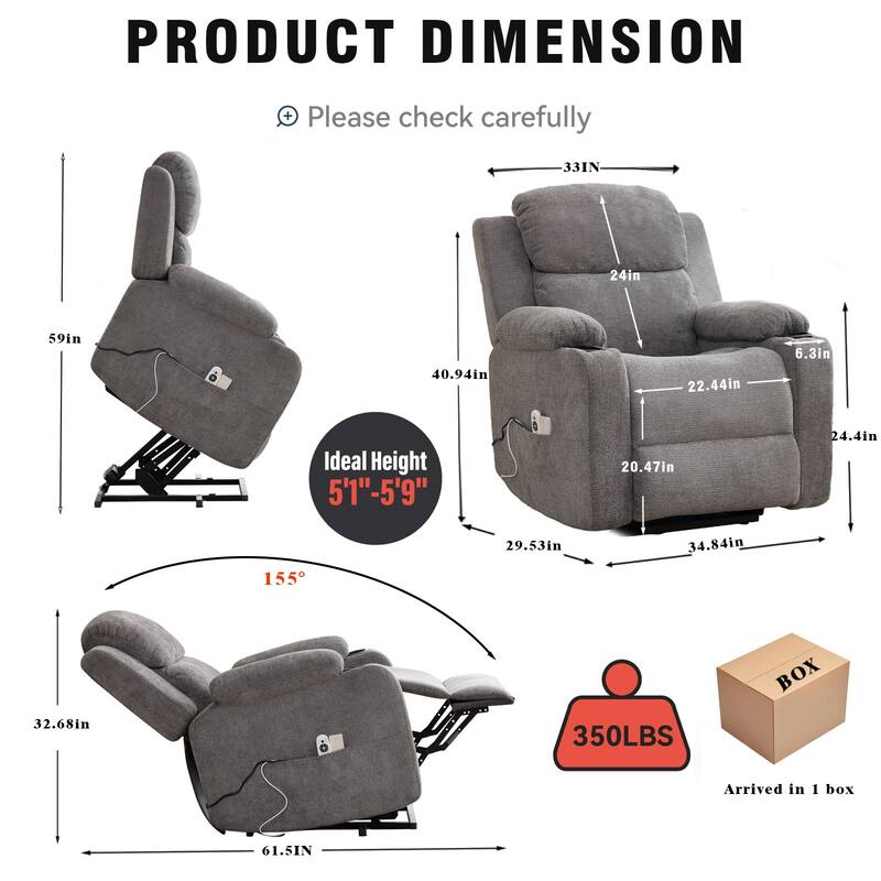 Chenille Power Lift Recliner Chair, Heavy Duty Recliner Chair with Heat & Massage, Lounge Chair with USB Ports & Cup Holders