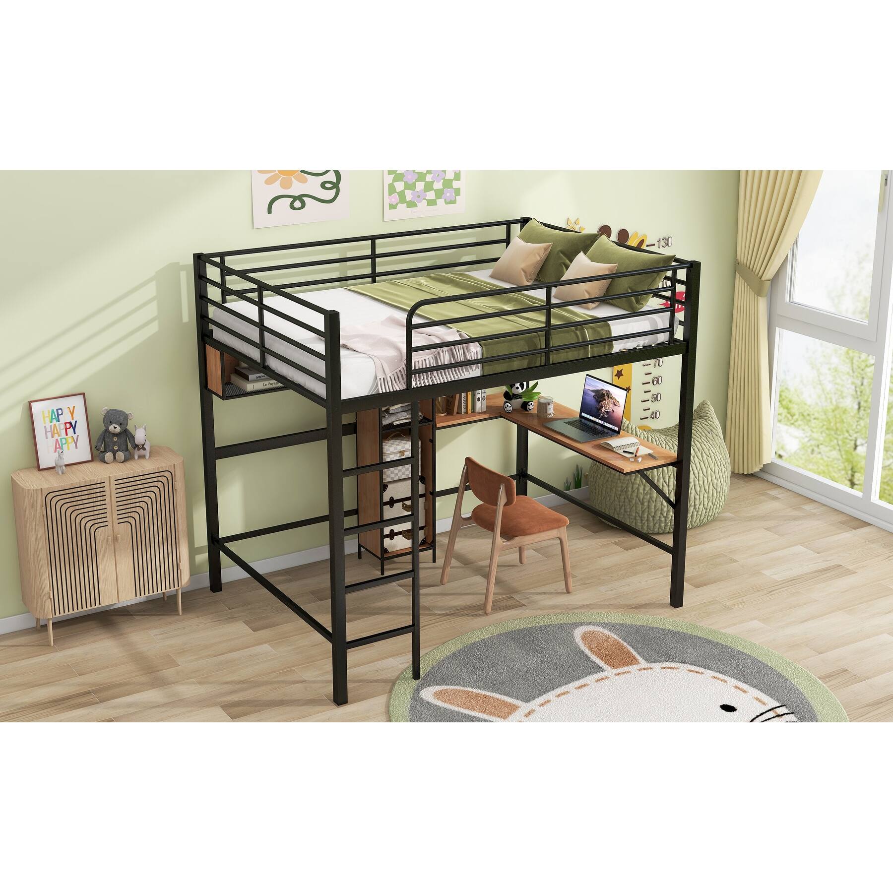 Full Size Metal & Wood Loft Bed with L shaped desk and shelves Bed