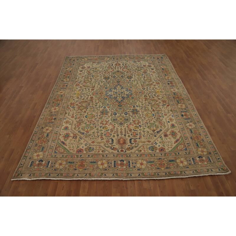 Hand Knotted Oriental 100% Wool Carpet Traditional Floral Beige & Ivories Tabriz Area Rug - 10' 9'' X 7' 10''