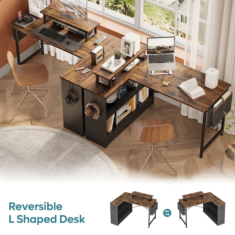 42" Gaming Desk Reversible L Shaped Desk with LED Monitor Stand Storage Shelves and Bag