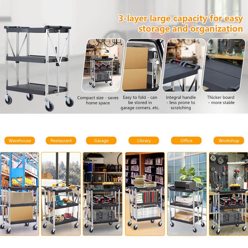 3-Tier Folding Utility Service Cart with Lockable Wheels