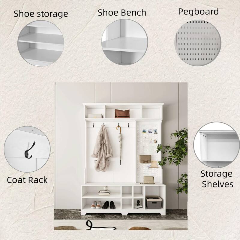 Entryway Bench with 4 Coat Hooks and Storage Pegboard, Modern Hall Tree with Shoe Cabinet for Living Room, Hallways