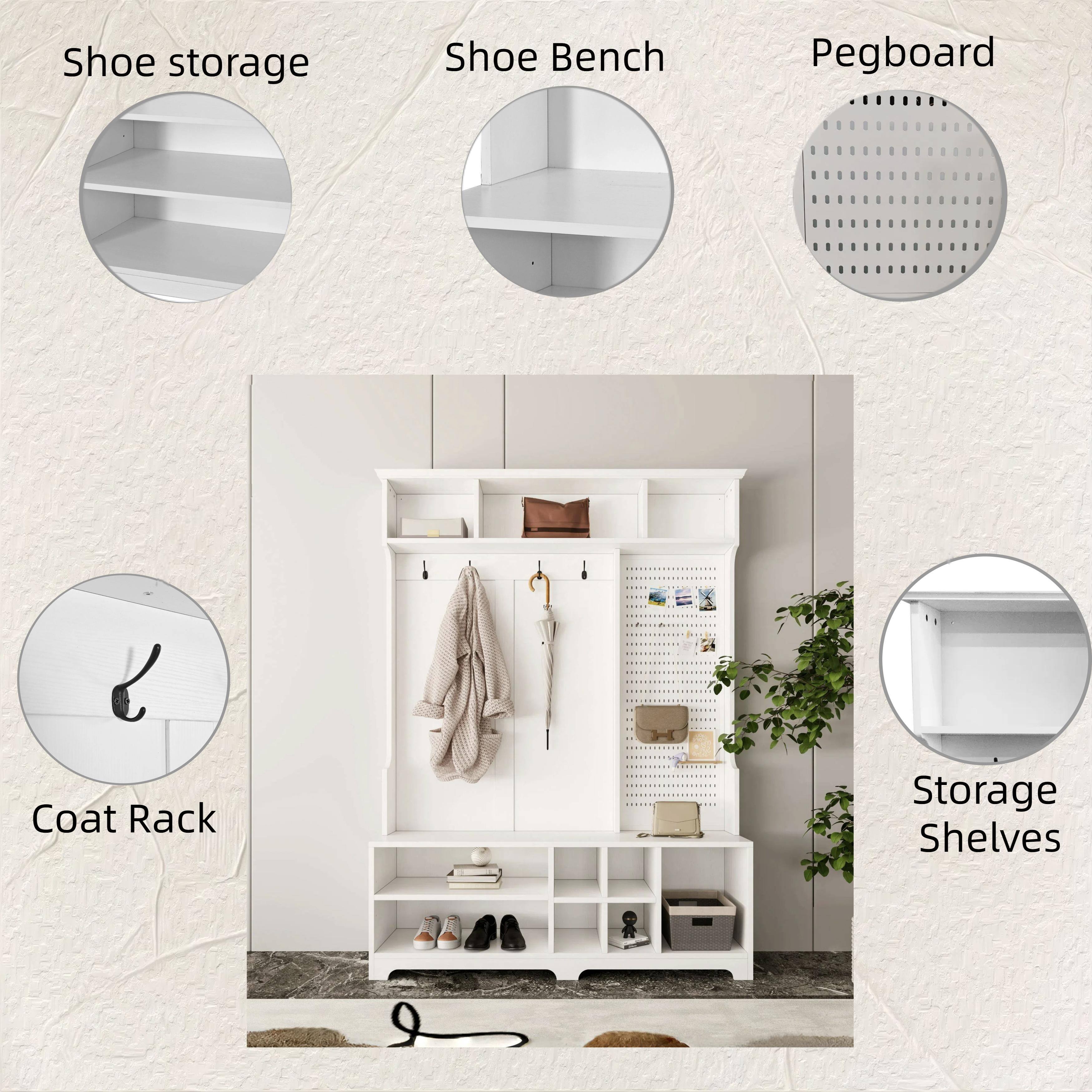 White Hall Tree with Shoe Bench, Coat Rack, Pegboard, and Shelves Bed Bath & Beyond 40551868