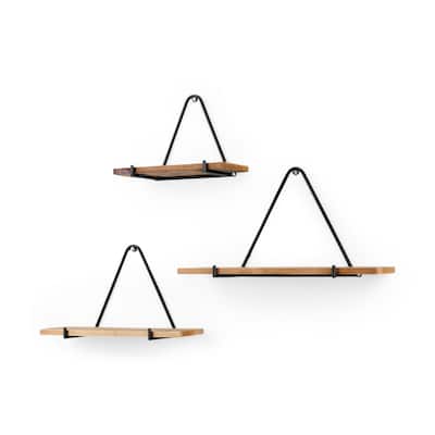 Khufu Brown Wood With Black Metal Triangular Hanging Shelves (Set of 3)