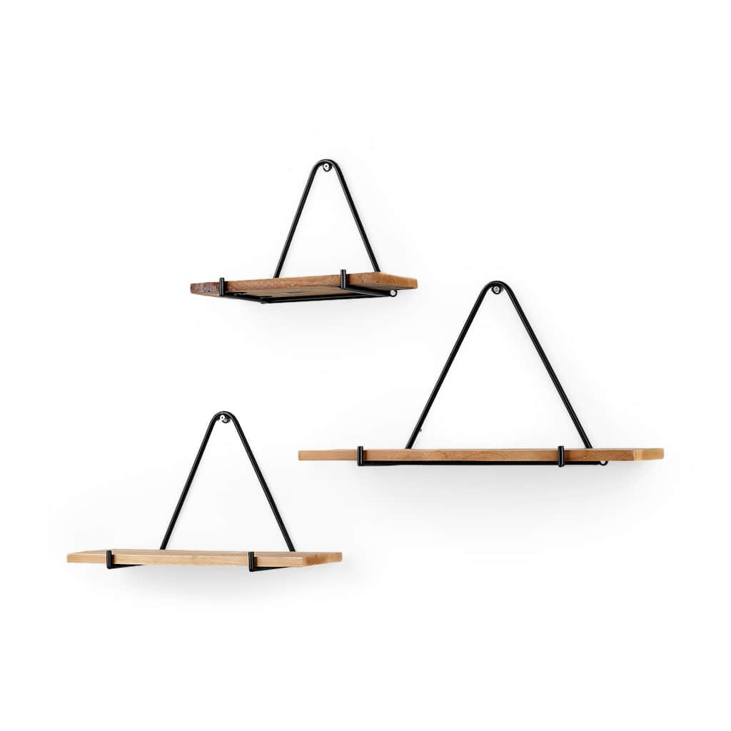 Khufu Brown Wood With Black Metal Triangular Hanging Shelves (Set of 3)