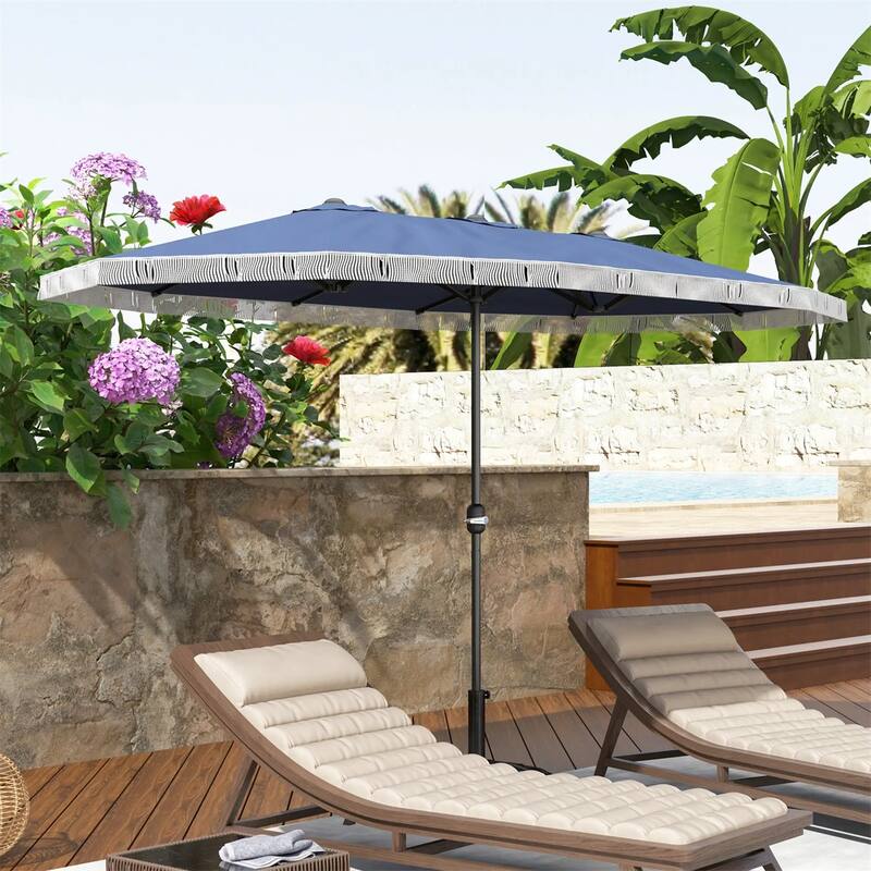 Large Double Rectangle Patio Umbrella with Crank Lift and UV Protection Steel Pole Fringe