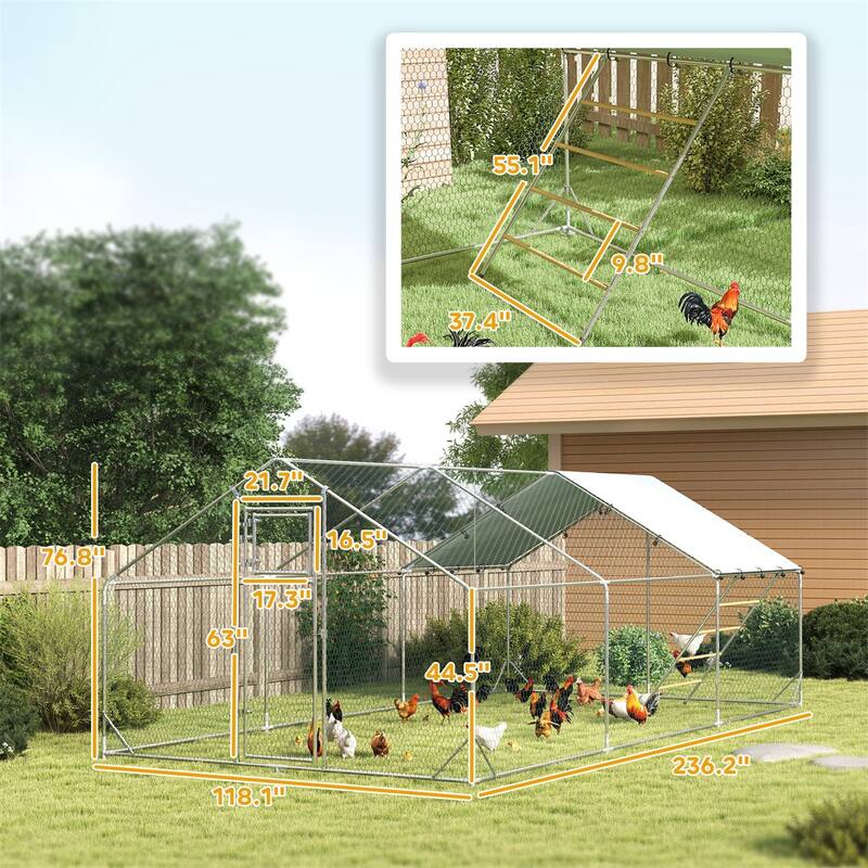 Outdoor Chicken Coop with Mesh Sides, Feeder Door and Weather Cover - 9.8'W x 19.7'D x 6.4'H